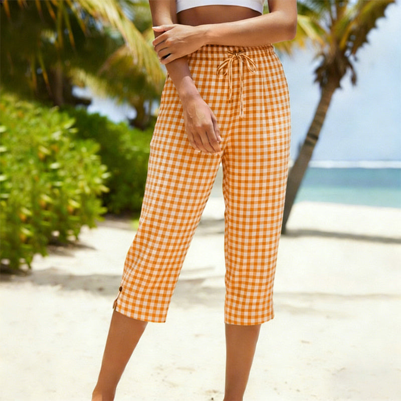 Arenzza women's summer plaid capri pants in lightweight fabric, featuring a casual fit and classic plaid pattern.