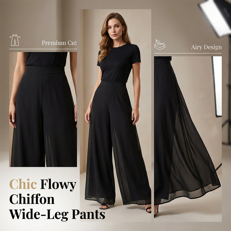 A woman wearing Arenzza's flowing chiffon wide-leg pants in a relaxed fit, perfect for stylish and comfortable occasions.