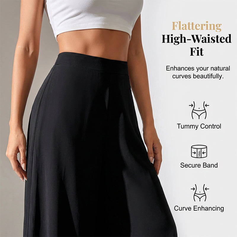 A woman wearing Arenzza women's flowing chiffon wide-leg pants in a relaxed fit, perfect for casual or dressy occasions.