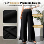 A woman wearing Arenzza's flowing chiffon wide-leg pants, showcasing a comfortable and elegant clothing style for women.