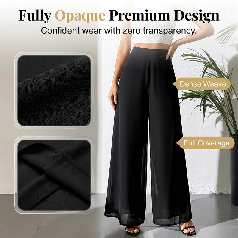 A woman wearing Arenzza's flowing chiffon wide-leg pants, showcasing a comfortable and elegant clothing style for women.