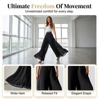 A woman wearing Arenzza women's flowing chiffon wide-leg pants, showcasing the relaxed fit and elegant style for casual or formal occasions.