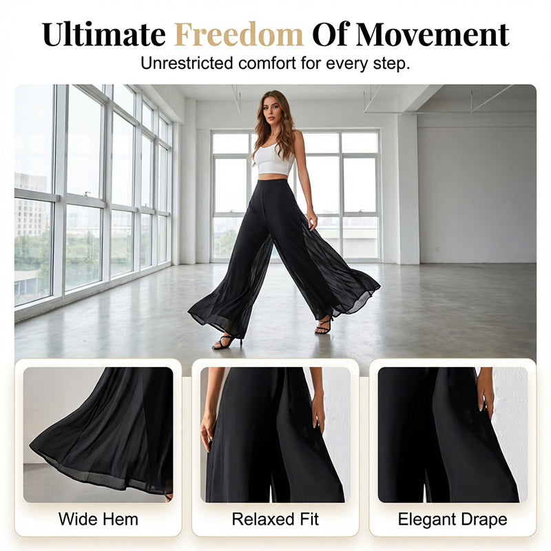 A woman wearing Arenzza women's flowing chiffon wide-leg pants, showcasing the relaxed fit and elegant style for casual or formal occasions.