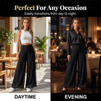 A woman wearing Arenzza women's flowing chiffon wide-leg pants, showcasing their relaxed fit and elegant style.