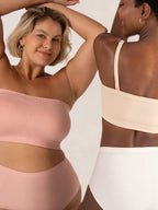 Arenzza convertible strapless bandeau bra with wireless design, anti-slip grip, and removable straps shown on a model.