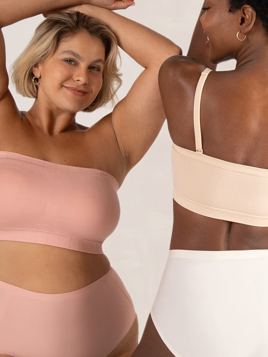Arenzza convertible strapless bandeau bra with wireless design, anti-slip grip, and removable straps shown on a model.