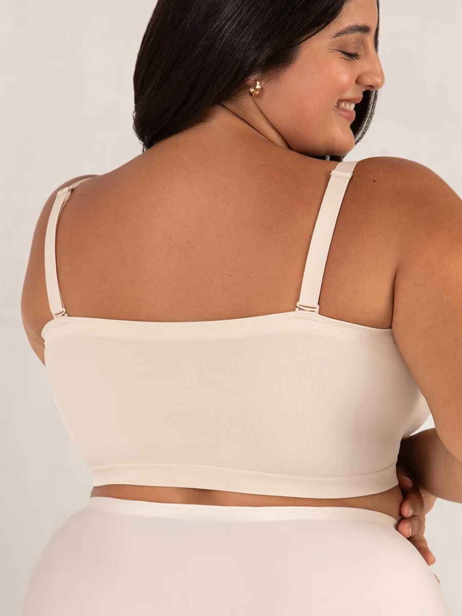 Aarenzza convertible strapless bandeau bra with wireless design, anti-slip grip, and removable straps, shown in white fabric.