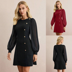 Arenzza elegant long sleeve dress with asymmetrical button detail, showcasing a stylish and sophisticated clothing design.