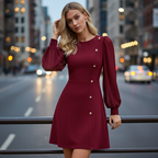 Aarenza elegant long sleeve dress with asymmetrical button detail, in a stylish design perfect for sophisticated occasions.