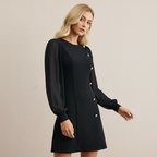 Aarenza elegant long sleeve dress with asymmetrical button detail, stylish clothing for women in a sophisticated design.