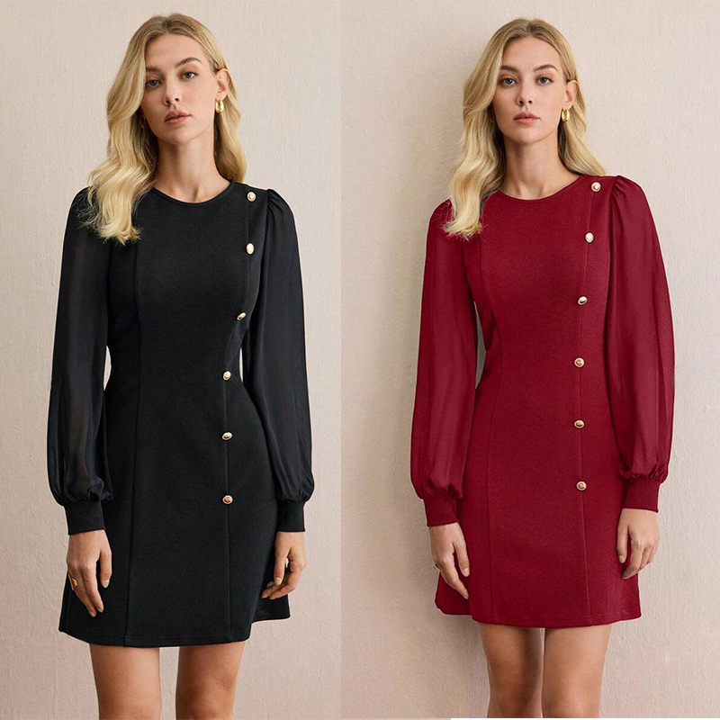 Aarenza elegant long sleeve dress with asymmetrical button detail, showcasing a stylish and sophisticated women's clothing piece.