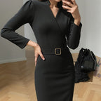Aarenza women's elegant V-neck slim-fitting dress in black, featuring a stylish and sophisticated design for formal occasions.