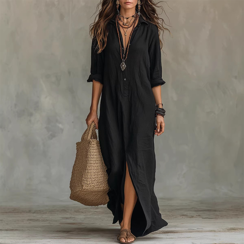 Arenzza casual loose fit maxi dress with front slit, stylish and comfortable for everyday wear, in a relaxed, flowing design.