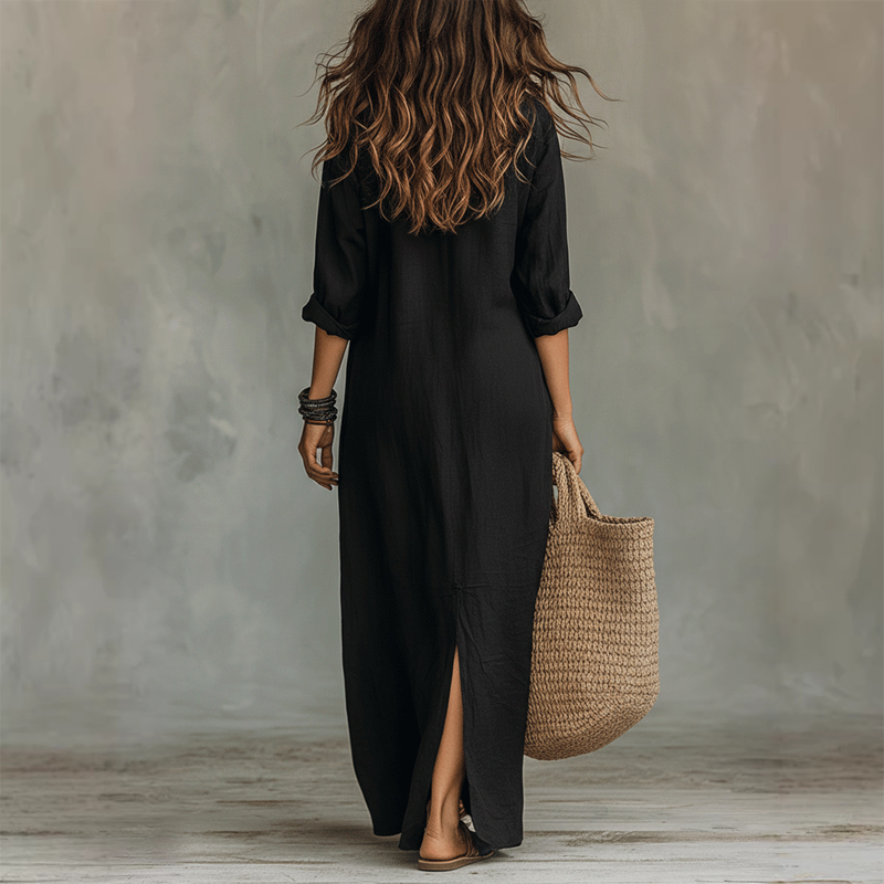 Arenzza casual loose fit maxi dress with front slit, soft fabric, and flowing silhouette perfect for stylish everyday wear.
