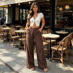 A pair of lightweight women's cotton-linen palazzo pants from Arenzza, shown in a summer casual style with a relaxed fit.
