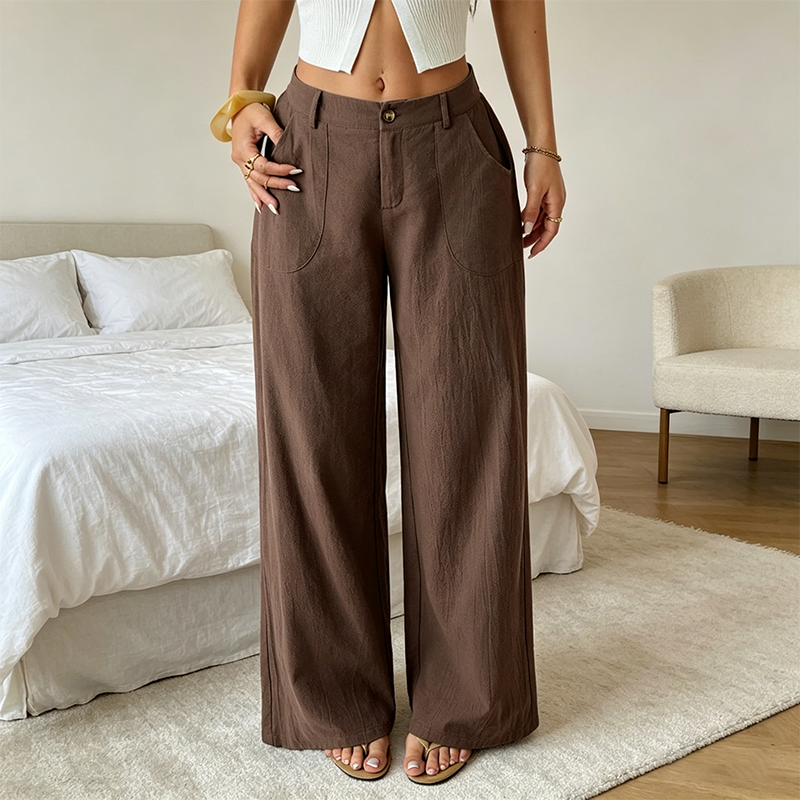 A pair of lightweight cotton-linen palazzo pants in summer style, worn by a woman, from Arenzza's women's summer clothing collection.