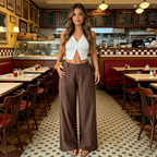 A pair of lightweight cotton-linen palazzo pants for women in a summer classical style, from Arenzza, shown in a bright, airy fabric.