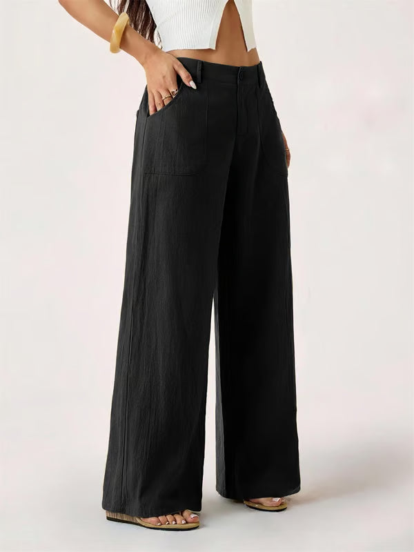 A pair of lightweight cotton-linen palazzo pants for women, featuring a relaxed summer style by Arenzza.