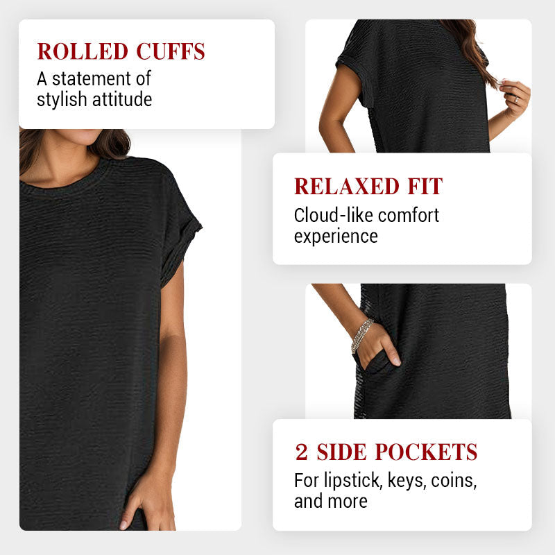 Aarenza women's relaxed pocket dress in soft fabric, featuring a comfortable fit and side pockets, perfect for casual wear.