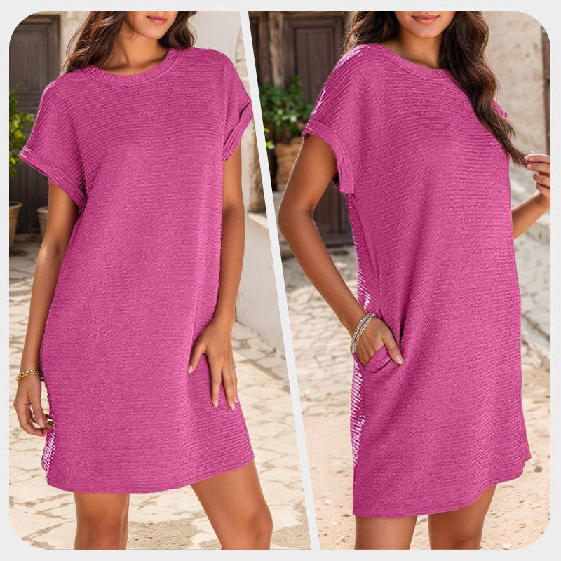 Aarenza women's relaxed pocket dress in soft fabric, featuring a casual fit and side pockets, perfect for everyday wear.