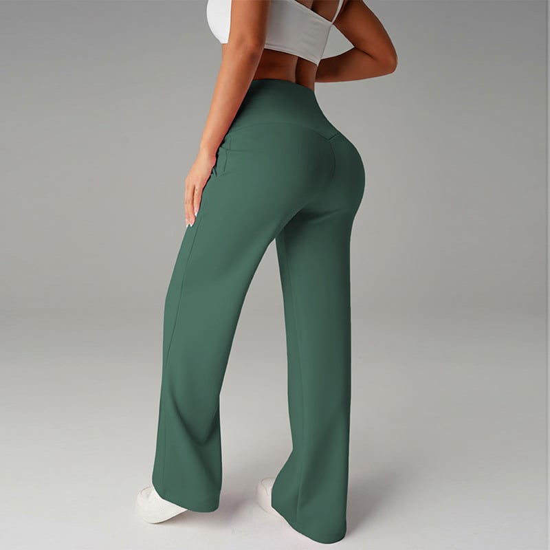 A woman wearing Arenzza women's plain loose straight-leg pants in neutral fabric, showcasing a comfortable, relaxed fit.