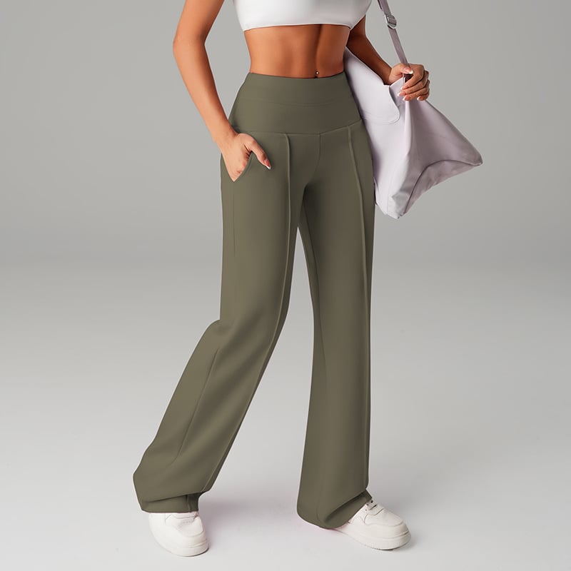 A pair of women’s plain loose straight leg pants by Arenzza in neutral color, displayed flat on a white background.