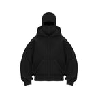 A black Ninja zip-up hoodie with front pockets and a hood, worn by a model, by Arenzza, showcasing its casual fit and design.