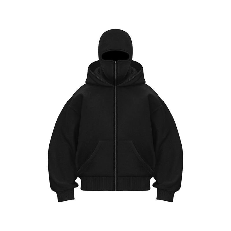 A black Ninja zip-up hoodie with front pockets and a hood, worn by a model, by Arenzza, showcasing its casual fit and design.