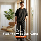 A men's Arenzza 2-piece set featuring a stylish T-shirt and wide-leg pants, displayed on a hanger against a neutral background.