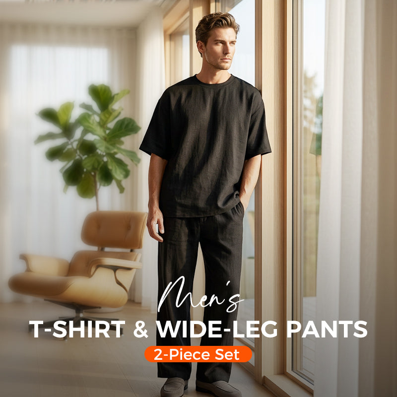 A men's Arenzza 2-piece set featuring a stylish T-shirt and wide-leg pants, displayed on a hanger against a neutral background.