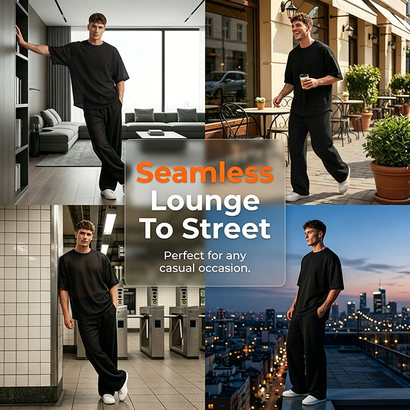 A men's Arenzza 2-piece set with a stylish T-shirt and wide-leg pants, featuring a trendy, comfortable casual clothing look.