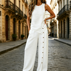 A woman wearing Arenzza's casual sleeveless top and wide-leg trousers set, stylish and comfortable for everyday wear.