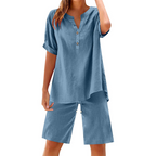 Aarenza women's cotton linen 2-piece outfit set featuring a relaxed top and matching pants in a light, breathable fabric.