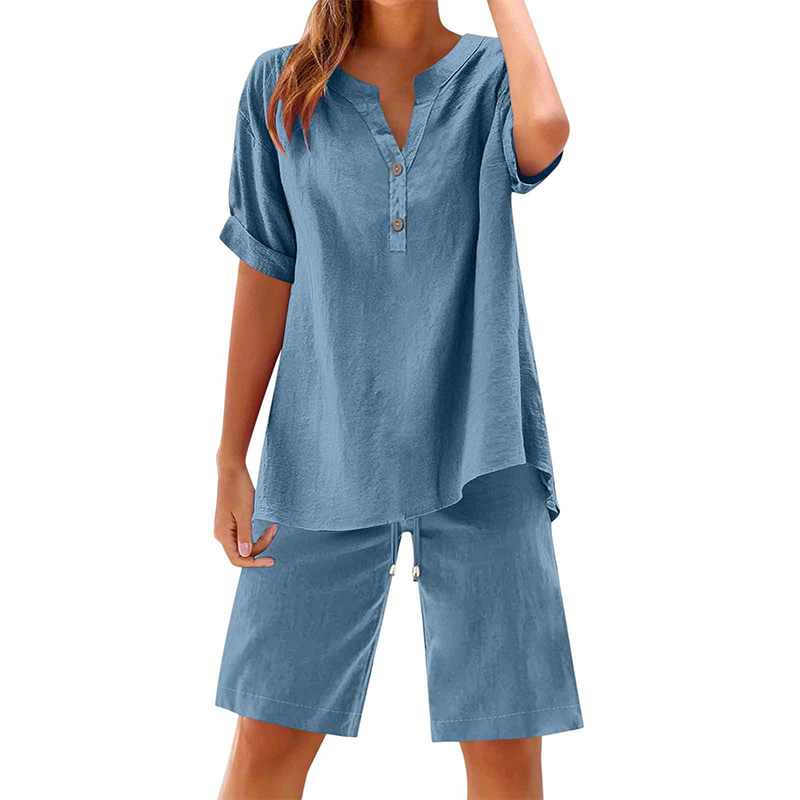 Aarenza women's cotton linen 2-piece outfit set featuring a relaxed top and matching pants in a light, breathable fabric.