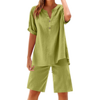 A women's cotton linen 2-piece outfit set by Arenzza featuring a stylish top and matching pants in neutral tones.