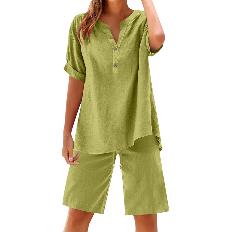 A women's cotton linen 2-piece outfit set by Arenzza featuring a stylish top and matching pants in neutral tones.