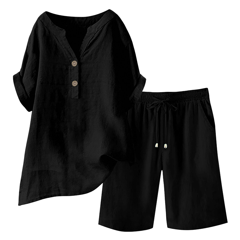 Women's cotton linen 2-piece outfit set by Arenzza, featuring a stylish top and matching pants in a casual, lightweight fabric.