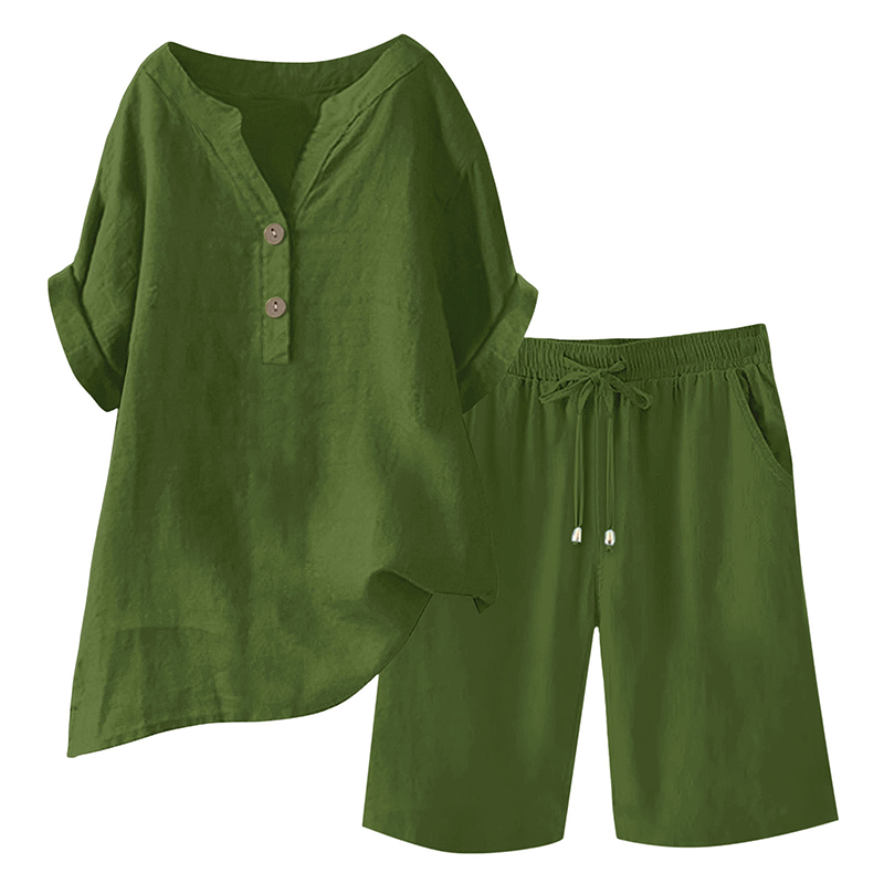 Women's cotton linen 2-piece outfit set by Arenzza featuring a stylish top and matching pants, perfect for casual or summer wear.