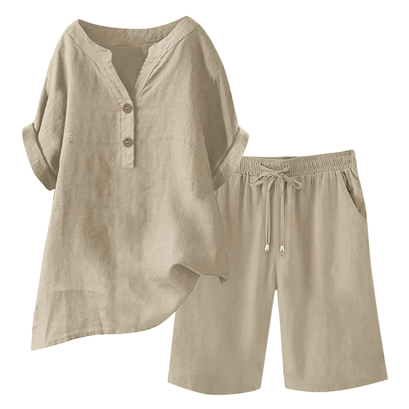 Women’s cotton linen 2-piece outfit set by Arenzza featuring a relaxed top and matching wide-leg pants in neutral tones.