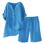 Women's cotton linen 2-piece outfit set by Arenzza, featuring a stylish top and matching pants in a casual, breathable fabric.