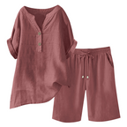Women's cotton linen 2-piece outfit set by Arenzza, featuring a stylish top and matching pants in natural fabric and relaxed fit.