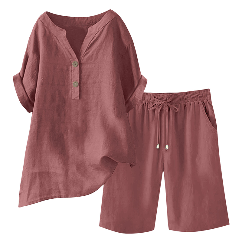 Women's cotton linen 2-piece outfit set by Arenzza, featuring a stylish top and matching pants in natural fabric and relaxed fit.