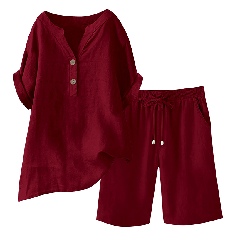 Women's cotton linen 2-piece outfit set by Arenzza featuring a stylish top and matching pants, perfect for casual wear.