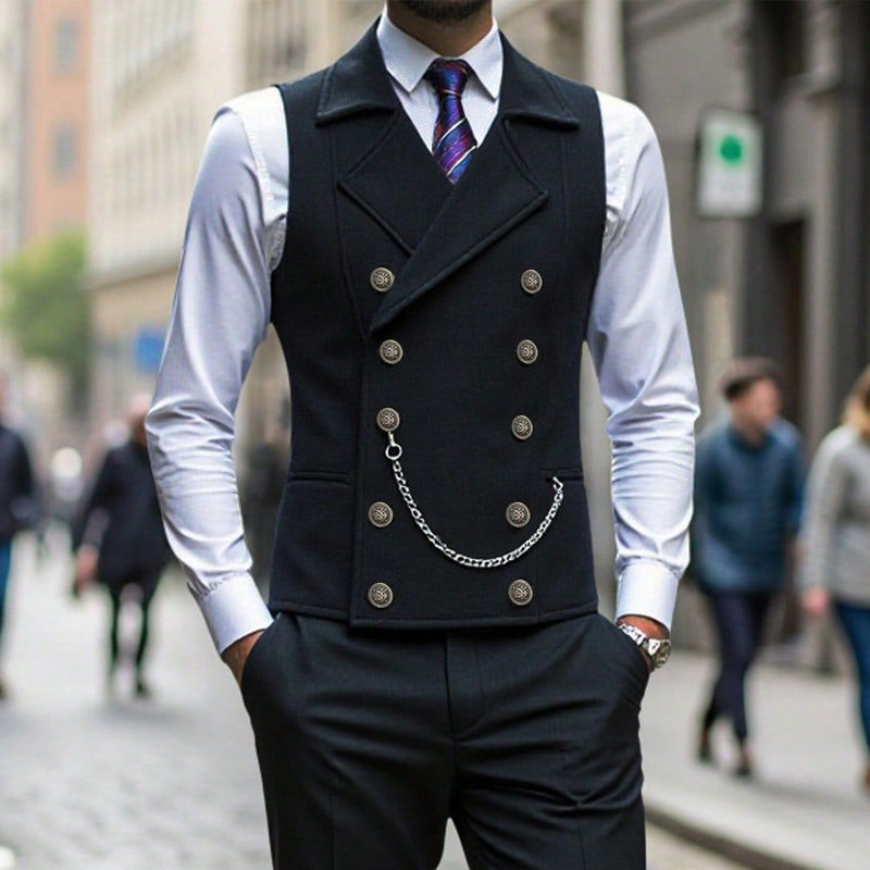 A men's casual retro slim fit dress vest by Arenzza, featuring black and brown colors, designed for suit or tuxedo styles.