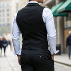 Men's casual retro slim fit dress vest by Arenzza, black and brown, tailored for suit or tuxedo styles, shown on a mannequin.