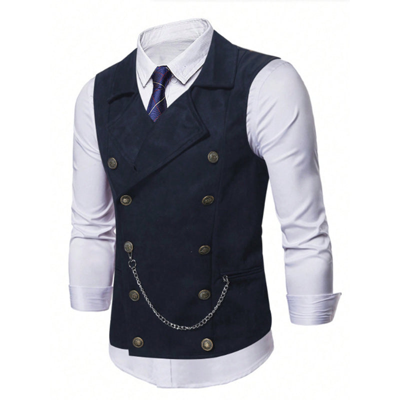Men's casual retro slim fit dress vest by Arenzza, black and brown, suitable for suits or tuxedos, displayed on a clothing hanger.