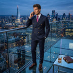 Men's Arenzza double-breasted pinstripe suit set, tailored clothing with classic pinstripe pattern, displayed on a hanger.