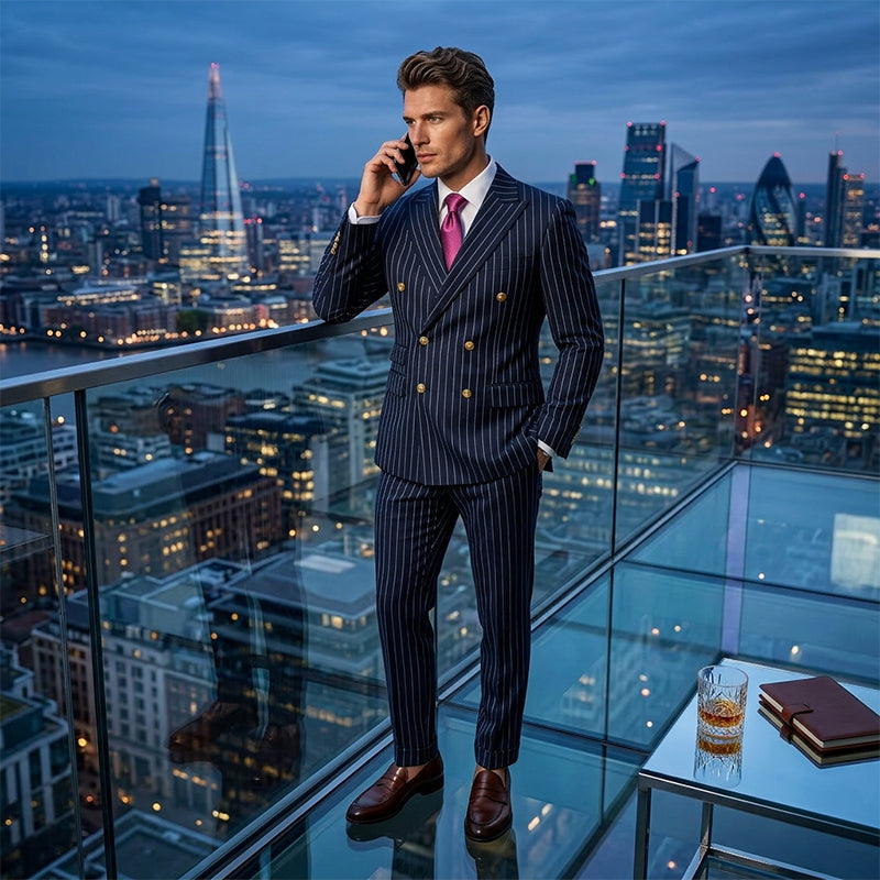 Men's Arenzza double-breasted pinstripe suit set, tailored clothing with classic pinstripe pattern, displayed on a hanger.