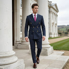 Men's Arenzza double-breasted pinstripe suit set on a hanger, featuring a tailored blazer and matching trousers in classic pinstripe fabric.