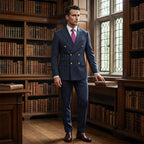 Men's double-breasted pinstripe suit set by Arenzza featuring a tailored blazer and matching trousers, suitable for formal occasions.